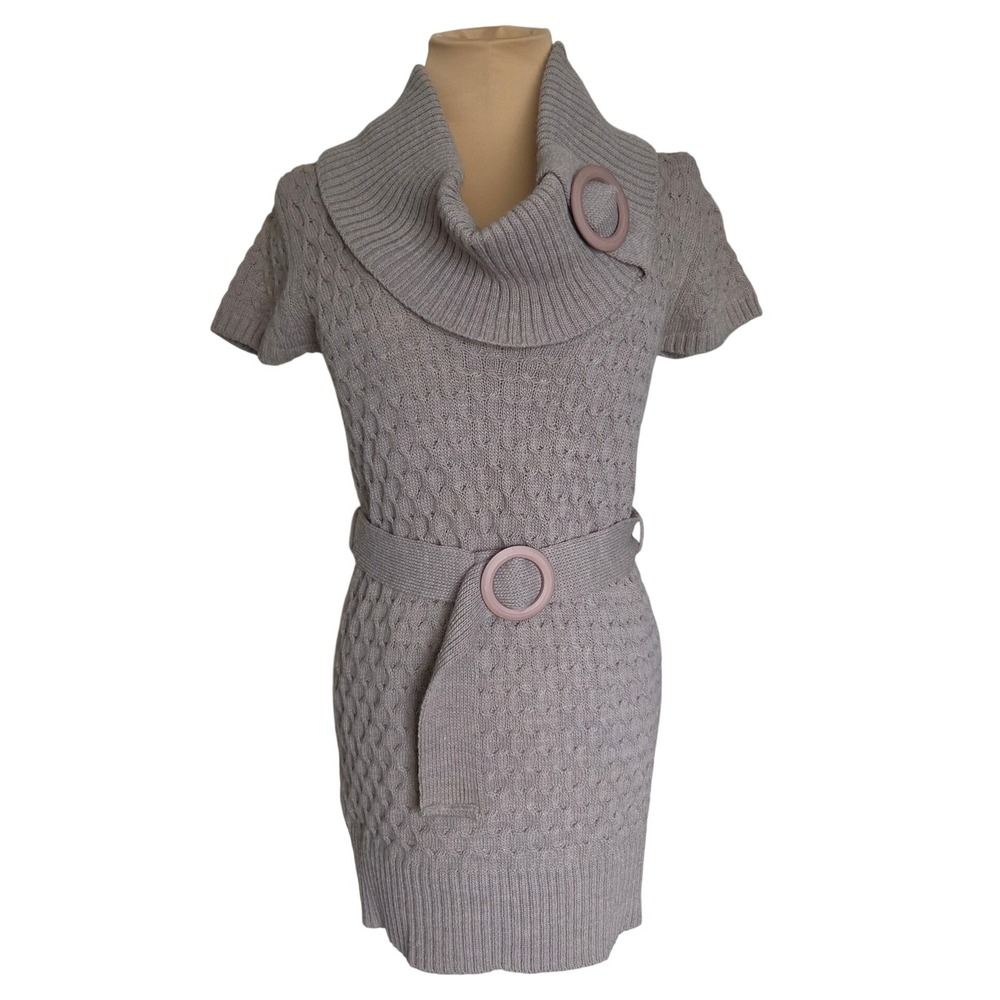 Mary Firenze Italy Gray Wool Blend Cowl Neck O-ring Belted Sweater Dress Small